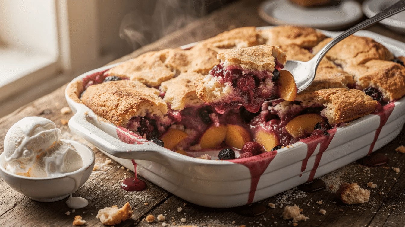 The image features a warm mixed fruit cobbler topped with a golden brown biscuit-like crust, served in a baking dish. A scoop of homemade vanilla ice cream and a dollop of fresh whipped cream sit on the side, complementing the delicious berry mixture made from fresh and frozen berries.