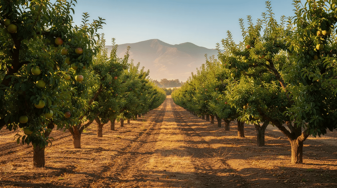 A sun-drenched California orchard showcases rows of vibrant fruit trees, stretching gracefully towards the mountains in the background. This picturesque scene highlights the natural beauty of the region, known for producing delicious fruits that can be transformed into organic dried fruit products, perfect for healthy snacking.