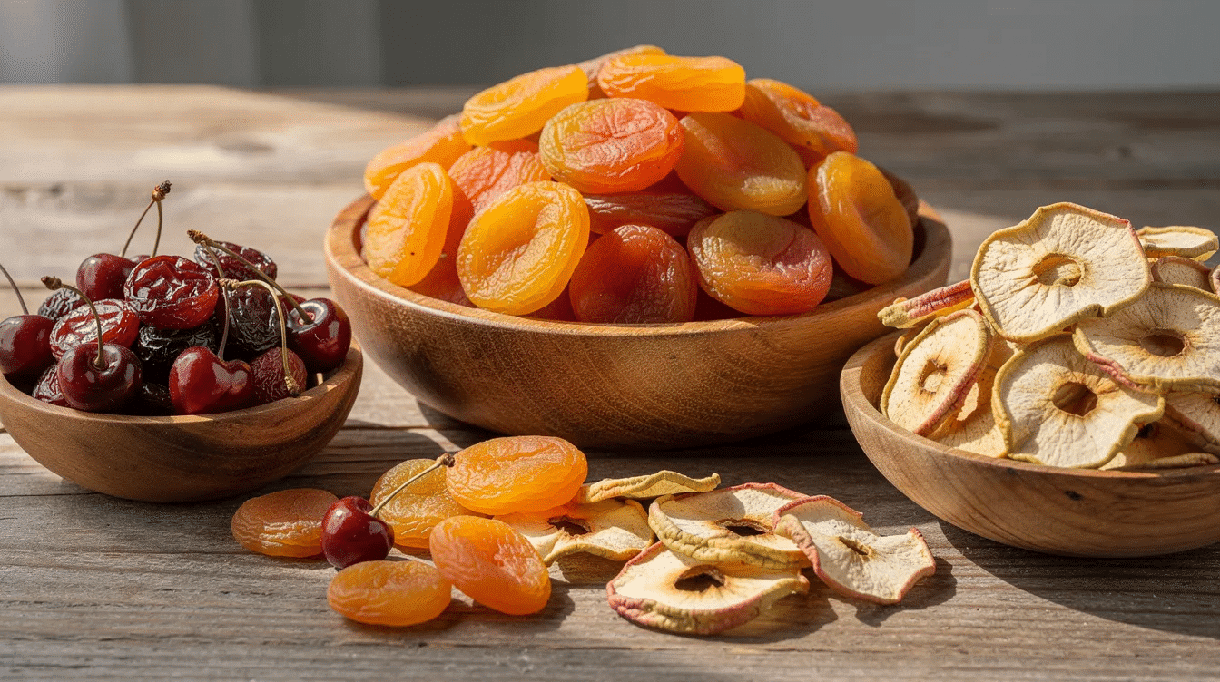 A vibrant assortment of organic dried fruits, including sweet apricots, tart cherries, and crunchy apple rings, is beautifully arranged in rustic wooden bowls. This colorful display showcases the delicious and all-natural ingredients perfect for healthy snacking or adding to recipes.