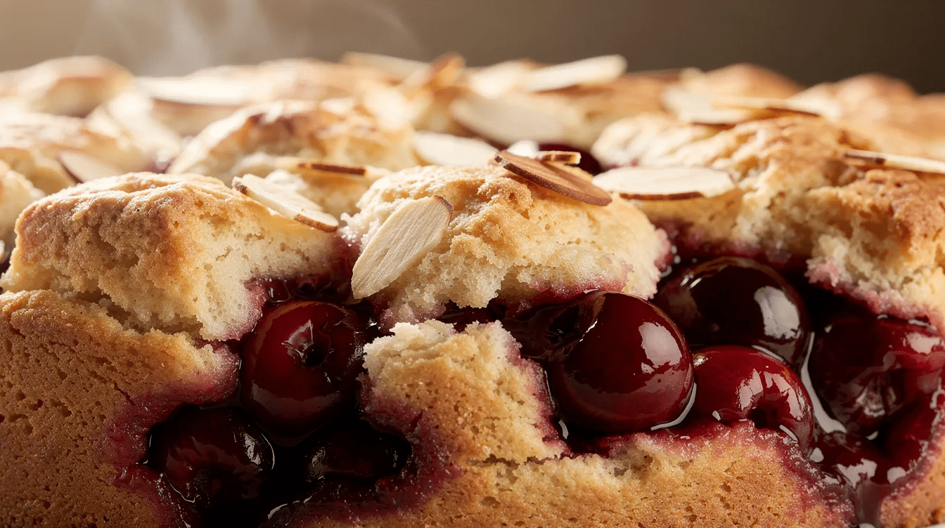 A close-up view of a warm cherry cobbler features a golden brown crust topped with sliced almonds, highlighting the delicious fruit filling beneath. The cobbler is perfect for serving with a scoop of vanilla ice cream or fresh whipped cream for an extra indulgent treat.