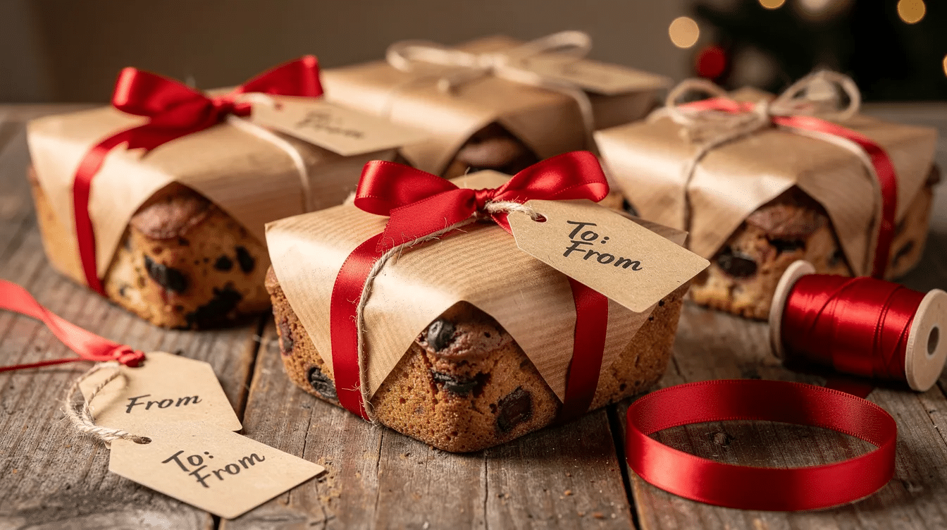 The image features several wrapped fruitcake loaves, elegantly covered in brown paper and tied with ribbon, accompanied by gift tags. These homemade fruit cakes, adorned with dried fruit and nuts, are perfect for the holiday season and ideal for gift giving.