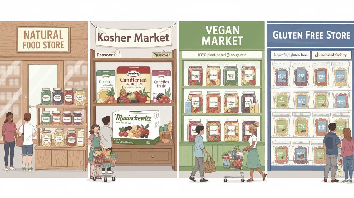 The image showcases a variety of organic candied fruits displayed in a health food store, featuring options like candied orange peel, green cherries, and pineapple, all made without artificial preservatives or high fructose corn syrup. These delicious and chewy snacks are perfect for clean-eating enthusiasts and can be used in baking, trail mix, or enjoyed on their own.