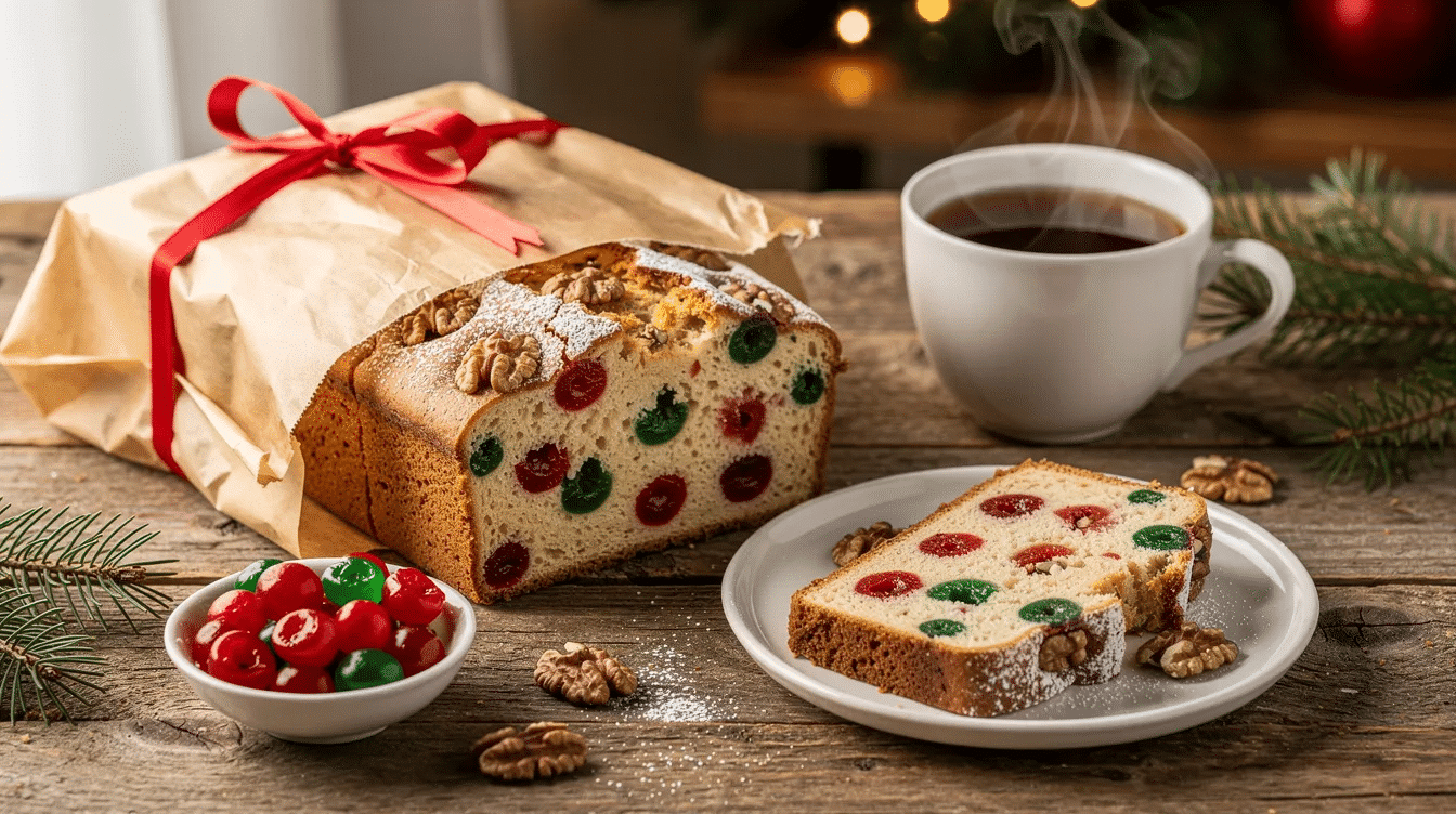 The image features a slice of Walnut & Candied Cherry Tea Bread, showcasing vibrant red and green candied cherries mixed with crunchy toasted walnuts. The moist, fluffy bread is lightly dusted with icing sugar, making it a delightful treat perfect for holiday gatherings.