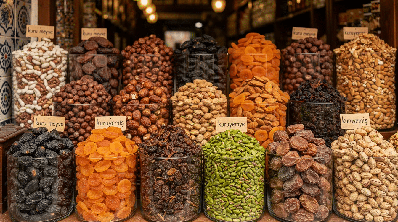 A vibrant assortment of dried fruits and nuts fills glass containers at a traditional Turkish shop, showcasing items like plump dried apricots, figs, and a variety of nuts such as pistachios and hazelnuts. This colorful display highlights the rich flavors and health benefits of Turkish dried fruits, making them an excellent choice for nutritious snacks.
