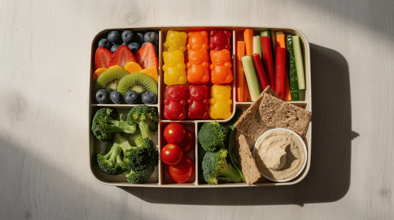 The image features a vibrant bento box filled with a variety of homemade vegan fruit snacks, including colorful fruit gummies made from real fruit juice, alongside fresh vegetables and other healthy snacks. This visually appealing arrangement makes for a great alternative for school lunches, ensuring a delicious and nutritious option for kids.