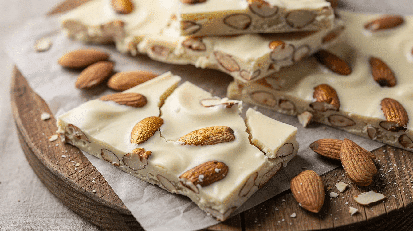 The image showcases a delicious spread of chocolate almond bark, featuring a smooth layer of melted dark chocolate topped with roasted almonds and dried cranberries. This vegan-friendly treat is arranged on parchment paper, ready to be broken into large pieces for sharing during the holidays.