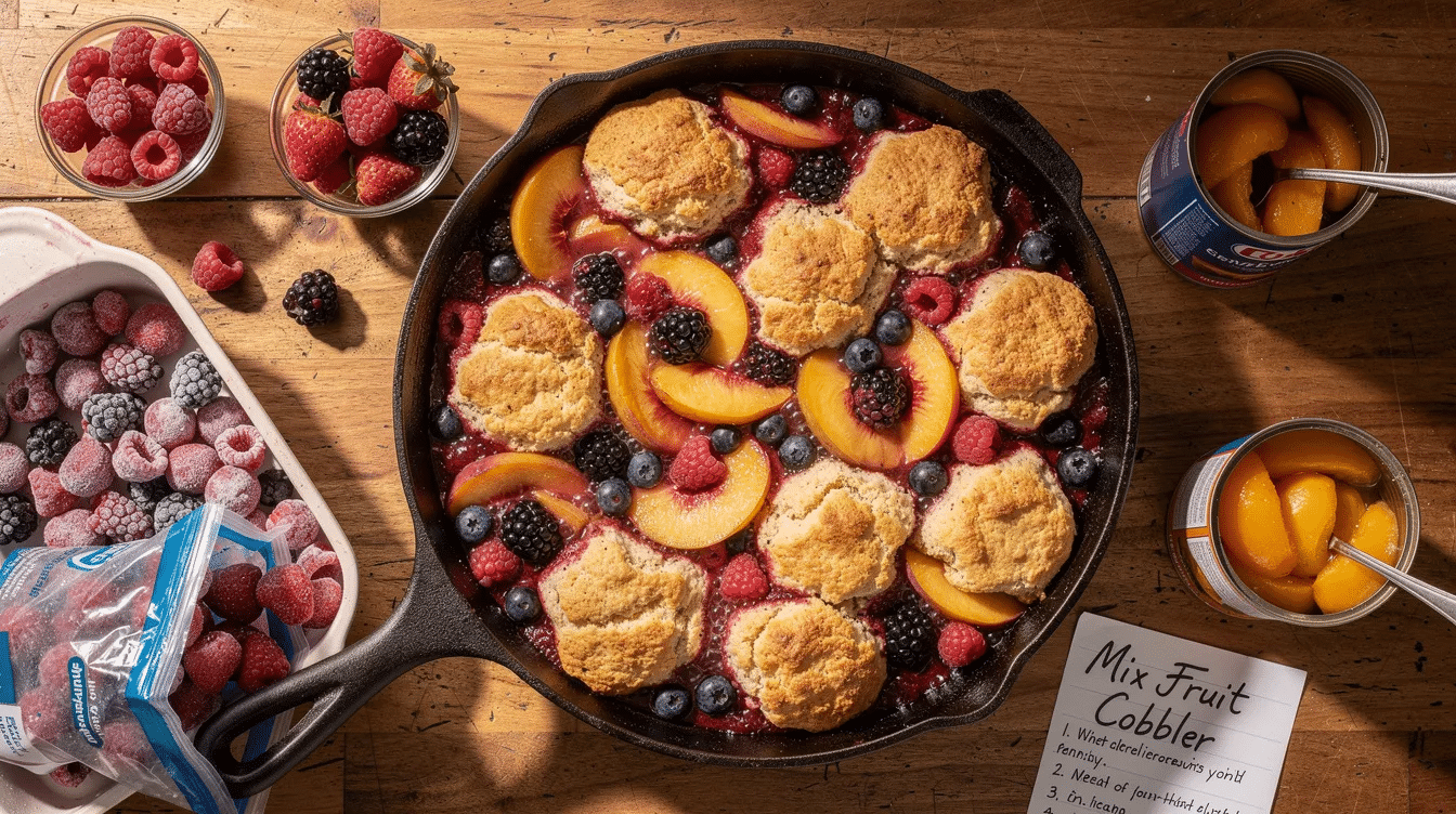The image features a delicious mixed berry cobbler, showcasing a golden brown crust and a vibrant fruit filling made from fresh and frozen berries. It's served warm, topped with a scoop of homemade vanilla ice cream and a dollop of fresh whipped cream, making it an absolutely delicious dessert.