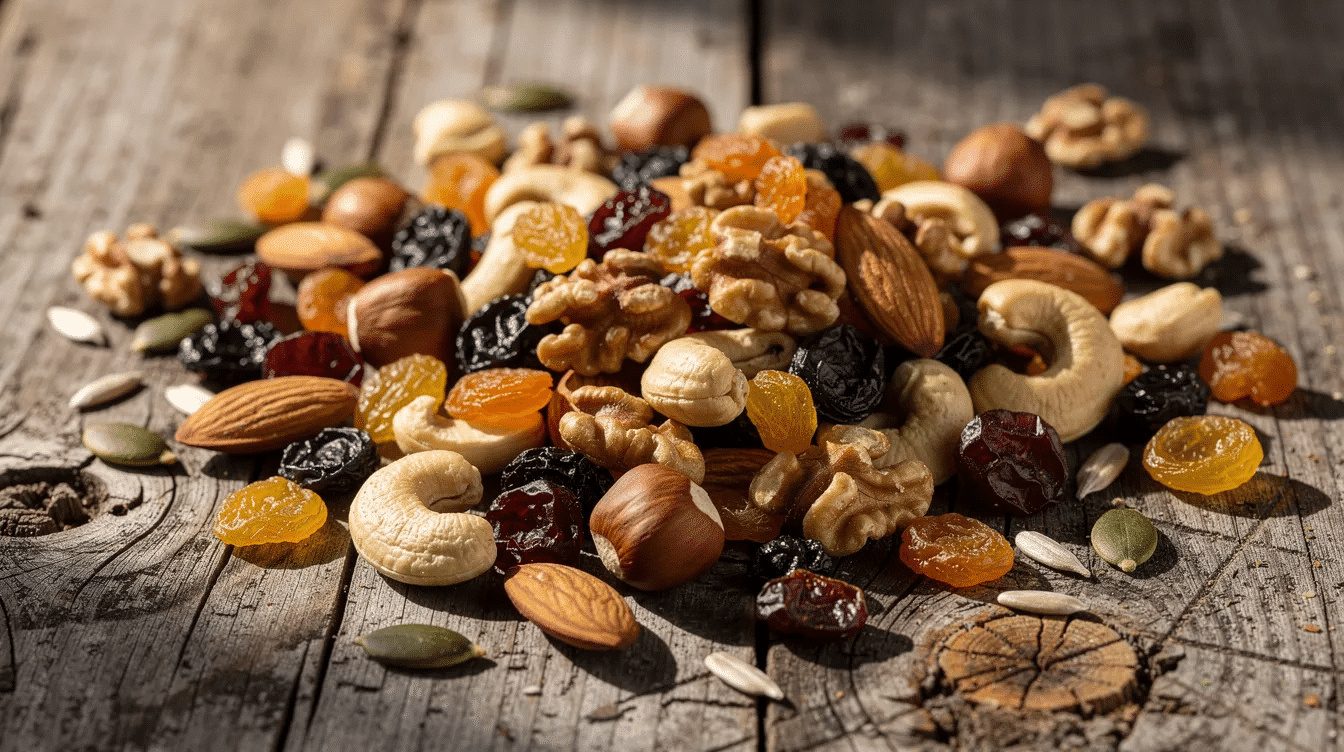 A colorful trail mix featuring a variety of dried fruit pieces, including sweet cherries and cranberries, alongside an assortment of nuts and seeds, is displayed on a rustic wooden surface, showcasing the all-natural ingredients perfect for healthy snacking. This delicious blend is ideal for customers seeking organic dried fruit options from trusted companies in the USA.