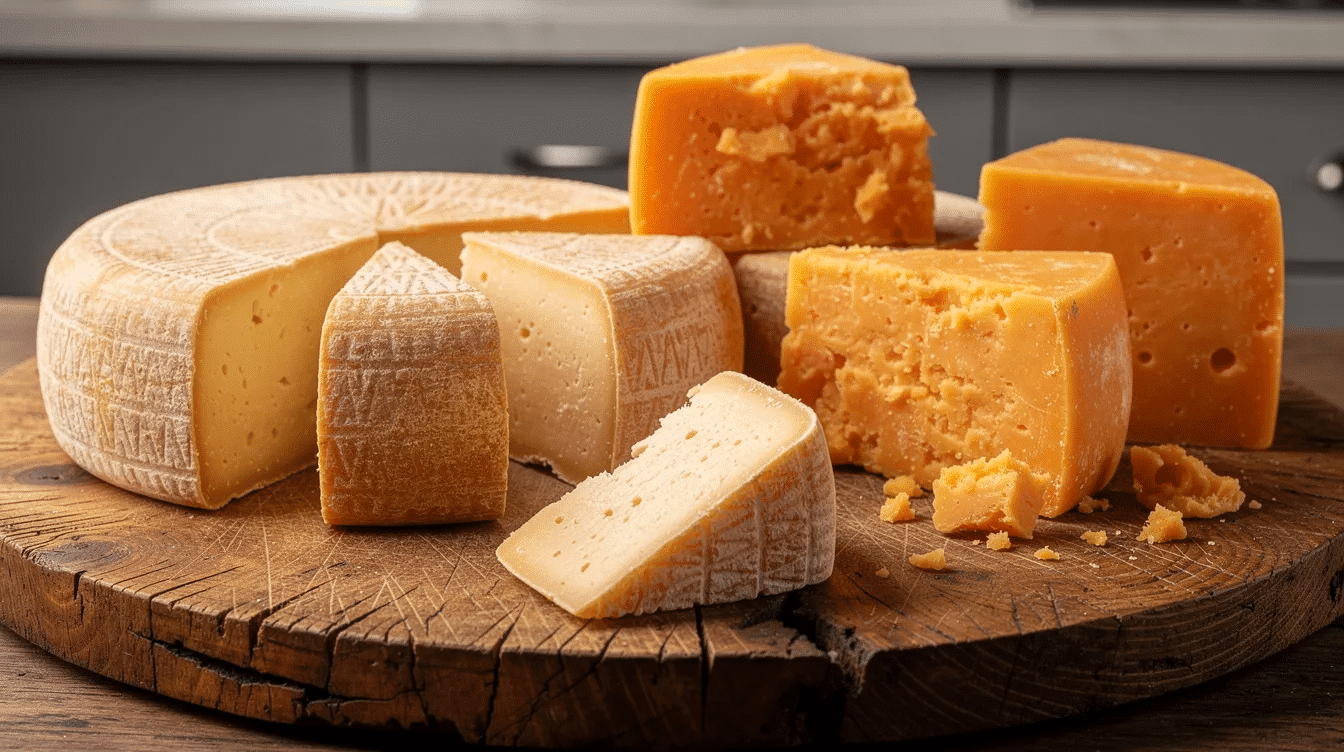 The image features a variety of hard aged cheeses, including wheels of parmesan and blocks of cheddar, beautifully arranged on a rustic wooden cutting board. This display showcases the textures and colors of the cheeses, perfect for those interested in the drying process or long-term storage of cheese products.