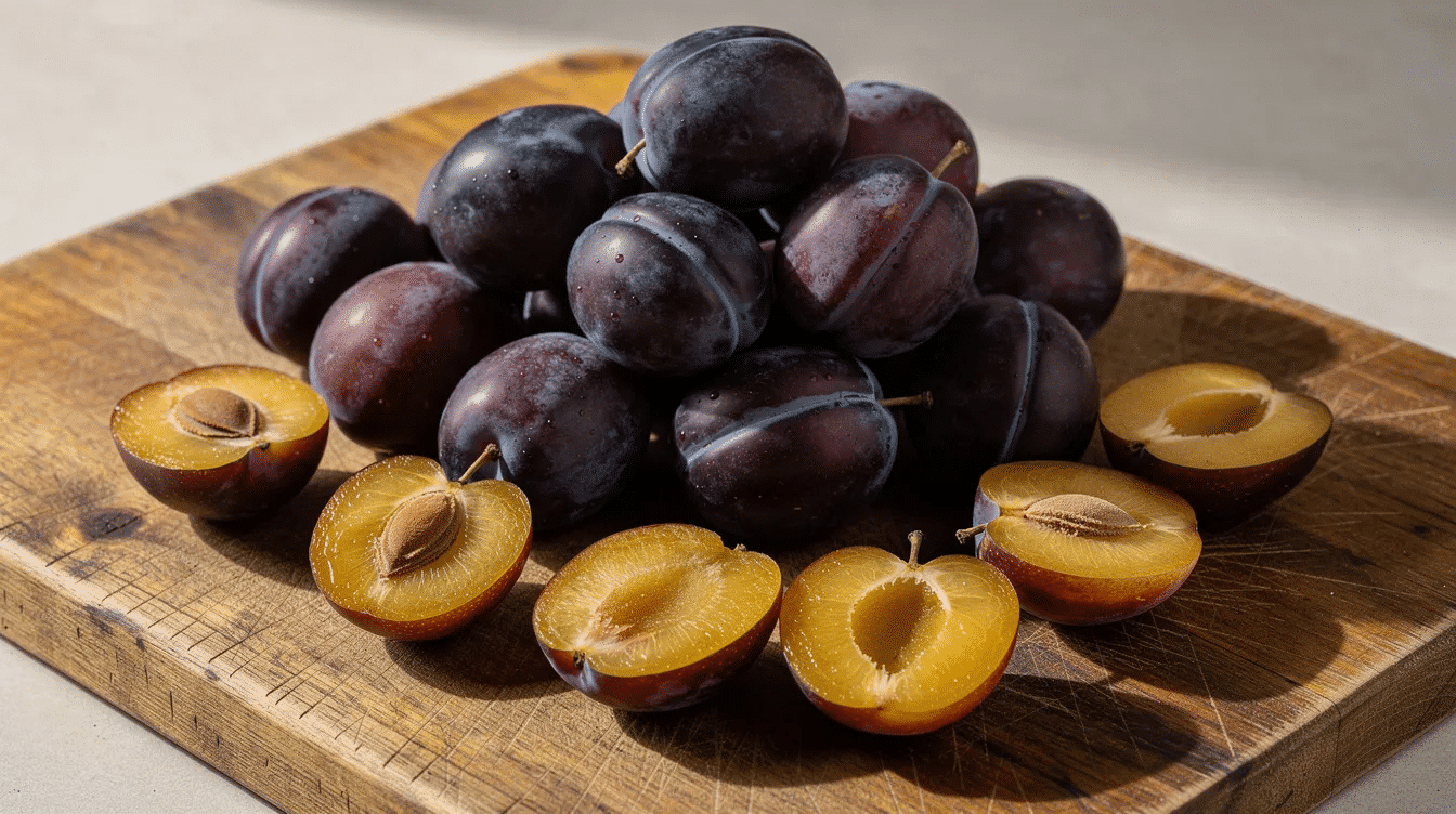 A rustic wooden cutting board displays an arrangement of fresh Italian prune plums, some whole and others halved to reveal their vibrant yellow flesh. The scene highlights the delicious plums, showcasing their natural beauty and inviting texture.