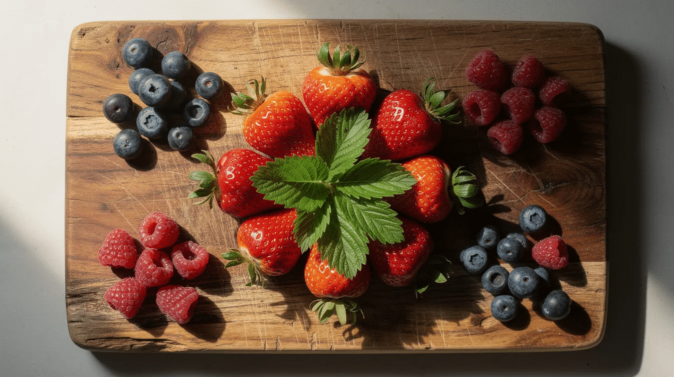A rustic wooden cutting board is adorned with vibrant fresh strawberries, blueberries, and raspberries, creating a colorful display of springtime fruits perfect for a light and delicious dessert. These sweet berries evoke the essence of spring desserts, inviting a refreshing taste that complements various recipes for special occasions.
