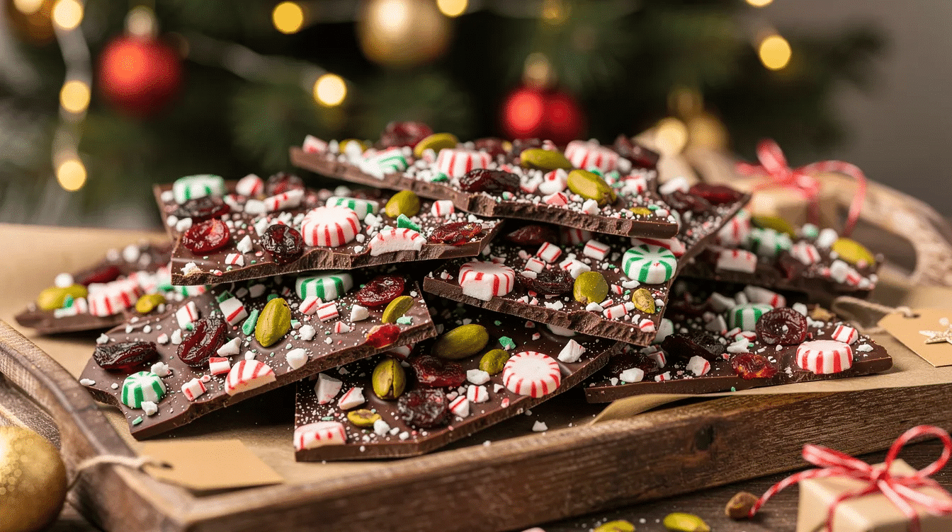 The image showcases a festive Christmas bark topped with crushed candy canes, dried cranberries, and pistachios, all beautifully arranged on a baking sheet lined with parchment paper. The vibrant red, green, and white colors create an appealing holiday treat, perfect for sharing with the whole family.