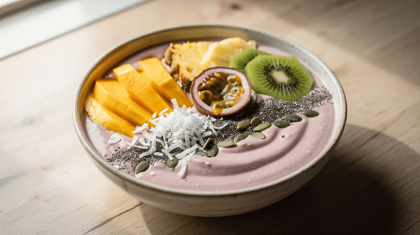 A thick smoothie bowl sits in a ceramic bowl, beautifully topped with small pieces of fresh mango, shredded coconut, and pumpkin seeds, creating a vibrant display of tropical flavors. The bowl is perfect for enjoying a nutritious treat, showcasing the deliciousness of freeze dried mango and other fruits.
