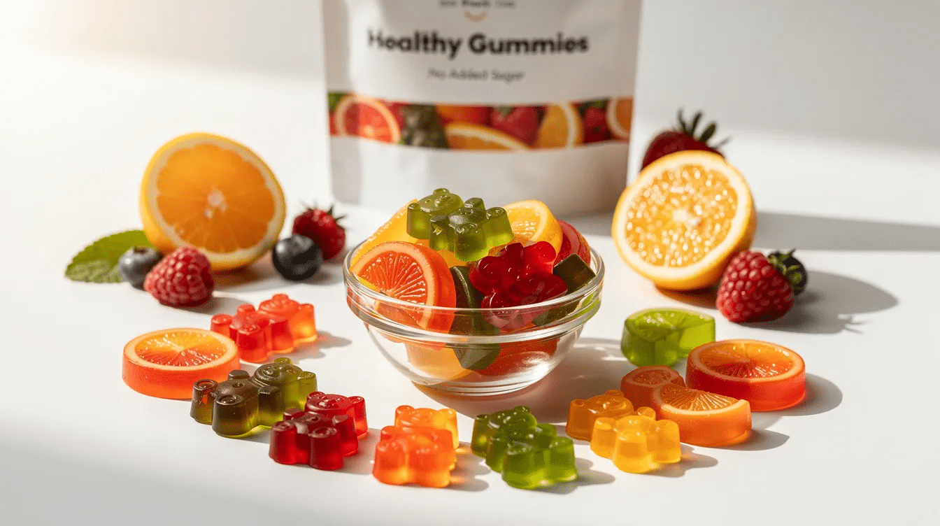 The image features a colorful assortment of healthy gummy sweets, including homemade gummy bears made from real fruit juice like mango and lemon, displayed on a baking sheet. These chewy treats are crafted with organic ingredients such as grass-fed gelatin and sweetened with natural options like honey and monk fruit, making them a delicious and nutritious snack.