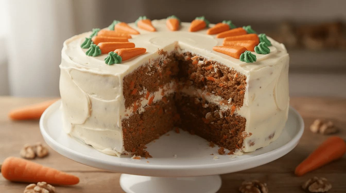 A beautifully layered carrot cake is adorned with smooth cream cheese frosting and charming carrot designs, making it a delightful choice for spring desserts. This moist cake is perfect for special occasions like baby showers or Mother's Day, offering a delicious taste that celebrates the season.