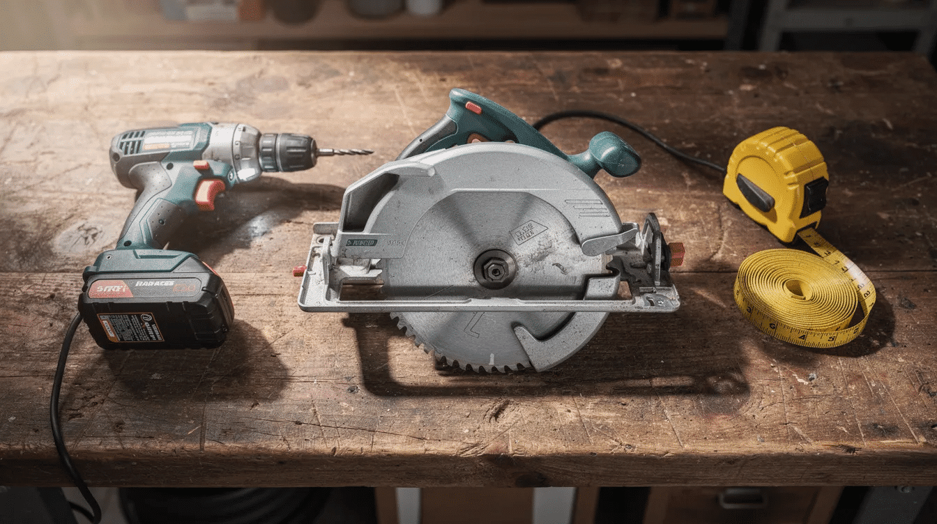 The image shows a collection of hand tools including a circular saw, drill, and measuring tape neatly arranged on a wooden workbench, providing a flat surface for DIY projects. These tools are essential for building items like a food dehydrator or a solar food dryer, showcasing a workspace ready for creative tasks.