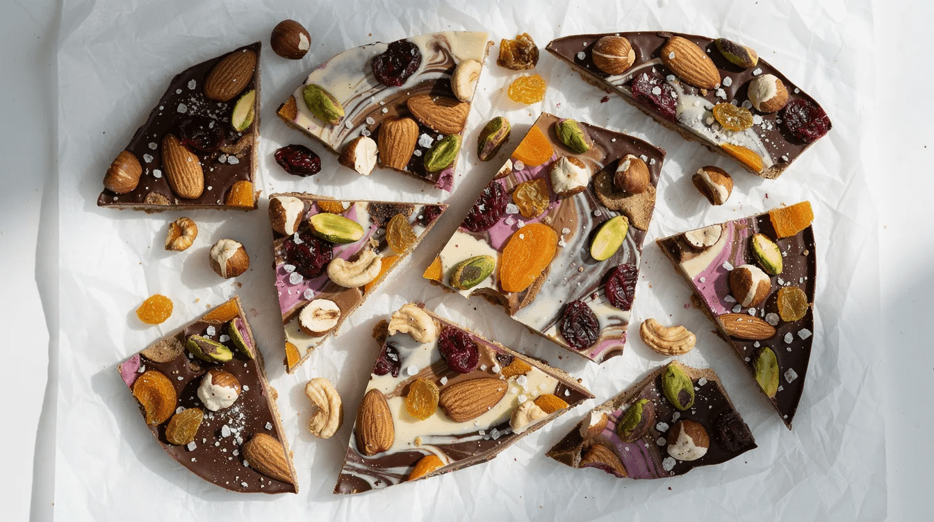 The image features colorful shards of chocolate bark arranged on white parchment paper, showcasing a variety of nuts and dried fruits like goji berries and pumpkin seeds. This healthy chocolate bark, made with dark chocolate and nut butter, offers a visually appealing and nutritious sweet treat.