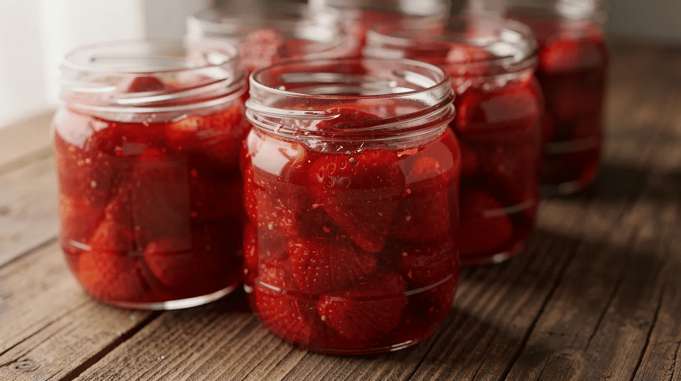 The image shows several glass jars filled with bright red strawberry freezer jam, beautifully arranged on a rustic wooden surface. This homemade jam, made from fresh strawberries and sweetened with honey, showcases the vibrant color and texture of the strawberry mixture.