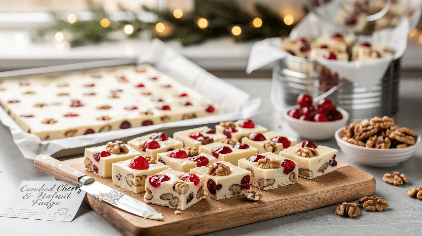 The image features a square dish of white chocolate fudge, dotted with bright red candied cherries and toasted walnuts, arranged on a wooden surface. The fudge is cut into small pieces and is presented in a festive manner, ideal for a dessert table during the holiday season.