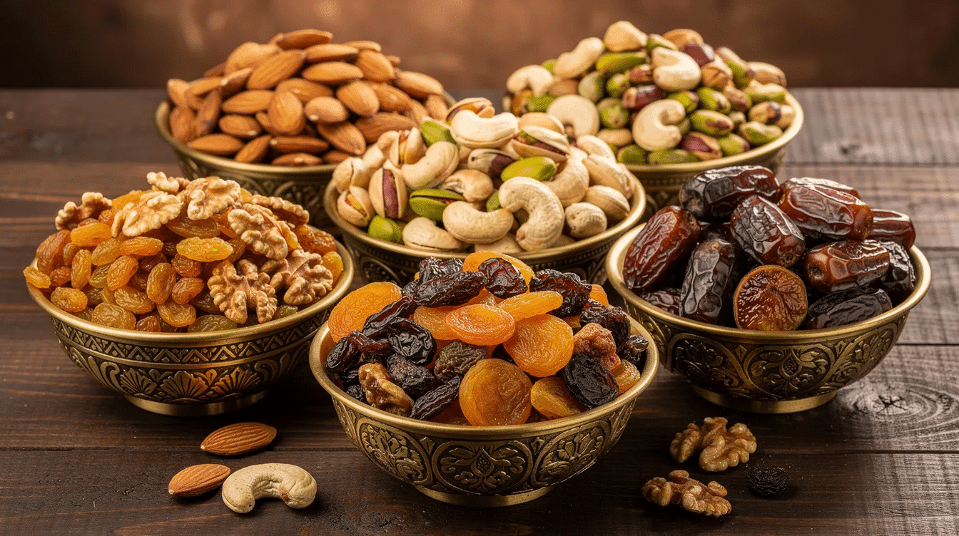 A vibrant display of various Indian dry fruits, including almonds, cashews, and dried figs, arranged in traditional brass bowls. These nutrient-rich dry fruits are known for their sweet taste and health benefits, making them a popular choice in Indian kitchens for a healthy lifestyle.