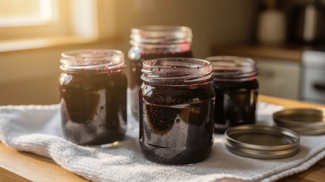 Several jars of dark purple homemade blackberry jelly are cooling on a kitchen towel, showcasing their rich color and glossy finish. The jars are neatly arranged, reflecting the successful canning process of fresh blackberries, ready to be enjoyed as a delicious spread.