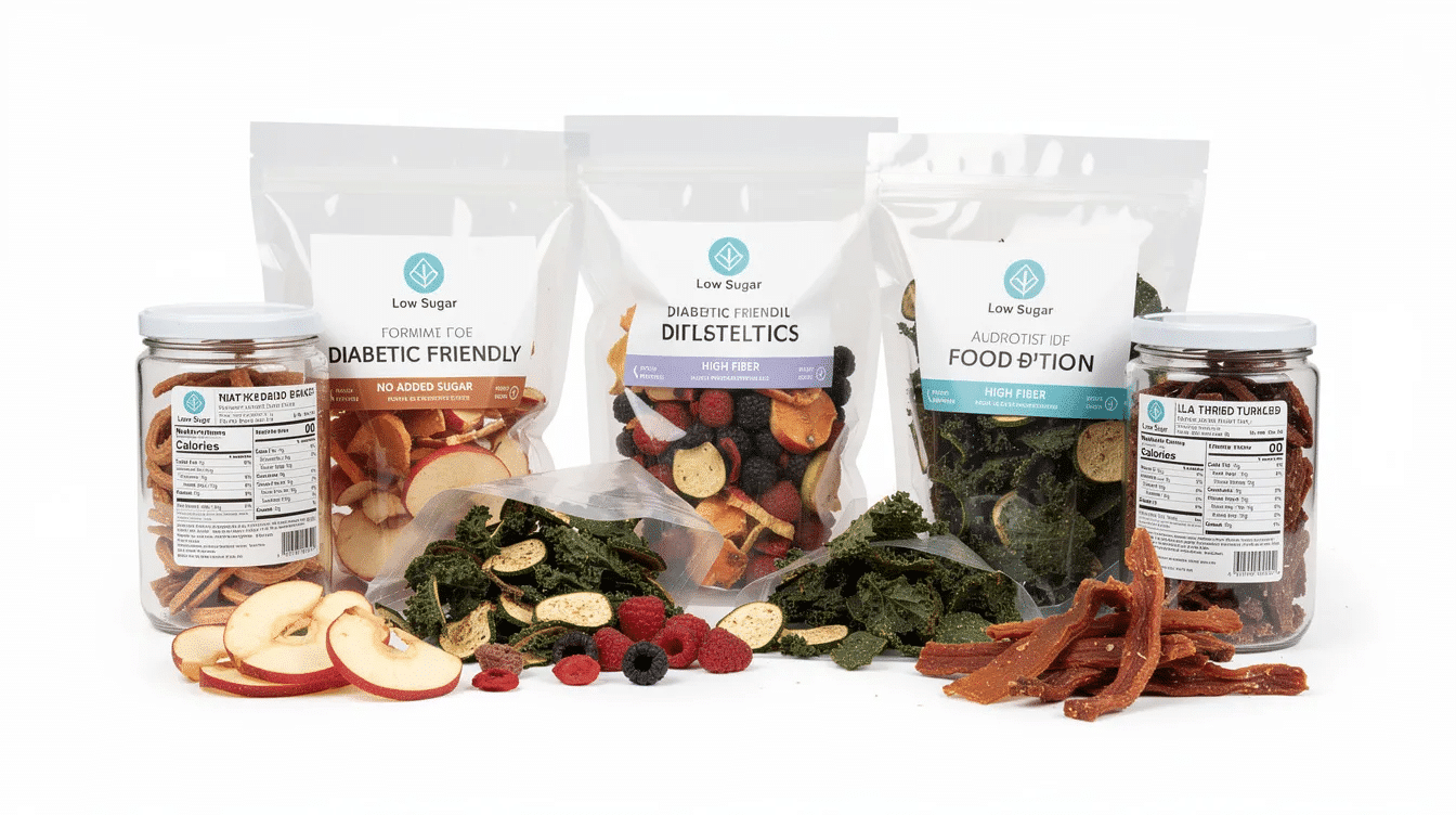 The image showcases a variety of dehydrated food options suitable for diabetics, including kale chips, dried fruits, and bell peppers, all arranged neatly in a bowl. These nutritious snacks are designed for blood sugar management and provide essential nutrients while being low in added sugars, making them perfect for maintaining overall health.