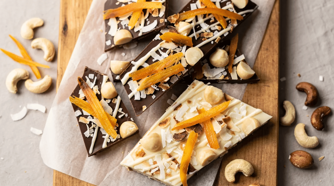 The image features a vibrant Tropical Crunch Bark made with a base of dark chocolate or yogurt, topped with toasted coconut flakes, dried mango strips, and chopped macadamias or cashews. An optional drizzle of white chocolate adds a sweet touch, making this a delicious and healthy chocolate bark recipe.