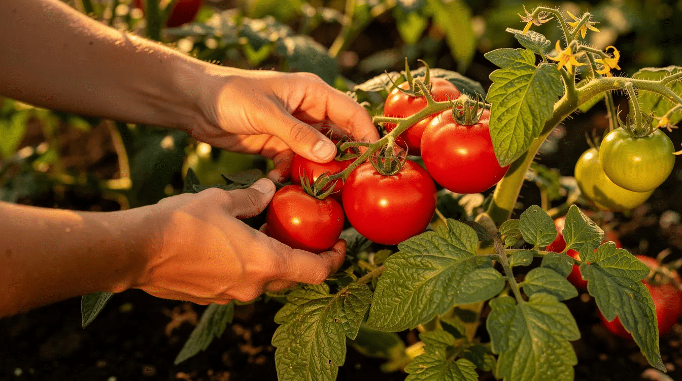 A pair of hands is gently picking ripe red tomatoes from a garden plant under the bright sun, showcasing the fresh produce ideal for canning tomatoes. The vibrant colors and healthy-looking tomato plants reflect the joy of summer gardening and the upcoming canning process.