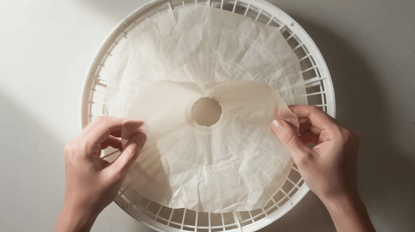 September 15, 2026 | A pair of hands is carefully laying a sheet of parchment paper onto a round dehydrator tray, preparing for the drying process of fruits and vegetables to prevent food from sticking during dehydration. The parchment paper serves as a non-stick surface, ensuring that items like fruit leathers and vegetables can be easily removed after they are completely dry.