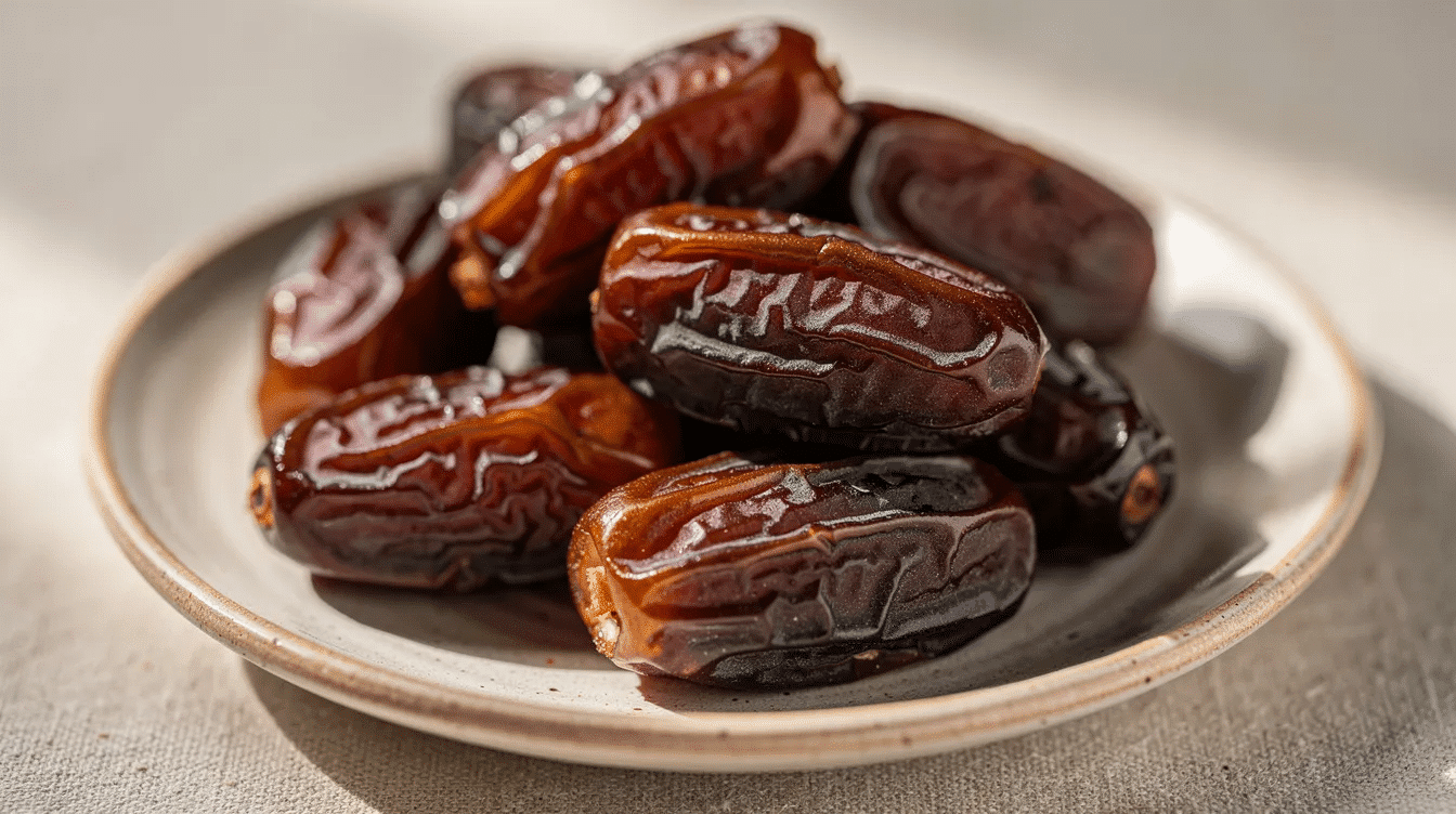 A close-up image of fresh medjool dates showcases their rich dark brown color on a ceramic plate, highlighting their natural sweetness and incredible health benefits, including support for heart and brain health. These nutrient-dense dried fruits are a delicious and healthy snacking option, perfect for maintaining balanced blood sugar levels and promoting digestive health.
