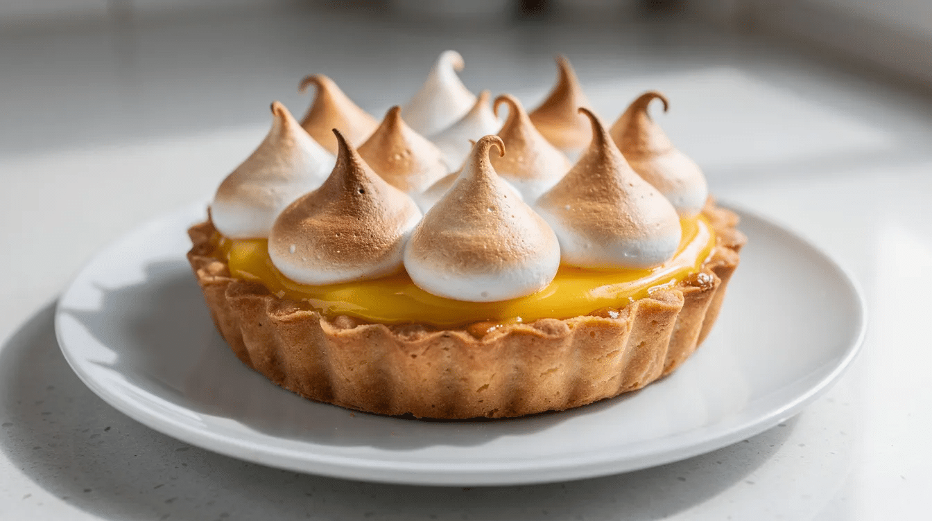 A delicious lemon tart sits on a white serving plate, topped with fluffy toasted meringue peaks that add a light and creamy texture. This spring dessert is perfect for special occasions like baby showers or Mother's Day, showcasing the bright flavor of lemon curd.