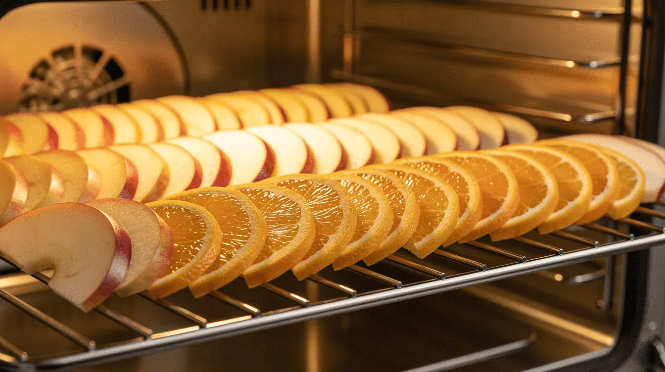 The image shows rows of thinly sliced apples and oranges neatly arranged on wire racks inside an oven, utilizing the dehydrate feature for moisture removal. The oven door is open, allowing for good airflow and optimal drying conditions to preserve the fruits as dehydrated foods.