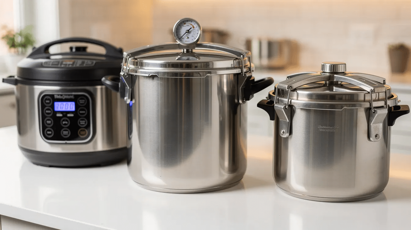 The image features a sleek and compact pressure canner designed for homebrewers, showcasing jars and bottles ready for sealing with lids. This reliable sealing machine emphasizes quality and durability, making it ideal for crafting beverages like cider and wine at home.