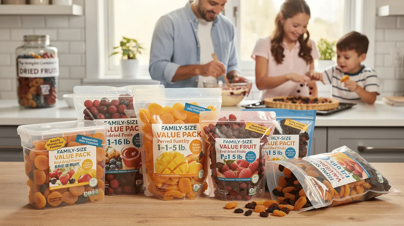 The image showcases family-size value packs of freeze dried fruit, including options like freeze dried blueberries, strawberries, and apples, all stored in resealable packaging to maintain freshness and crunchiness. These convenient packs are perfect for cooking, baking, or as deliciously crunchy snacks for the whole family, offering real fruit flavor without added sugar.