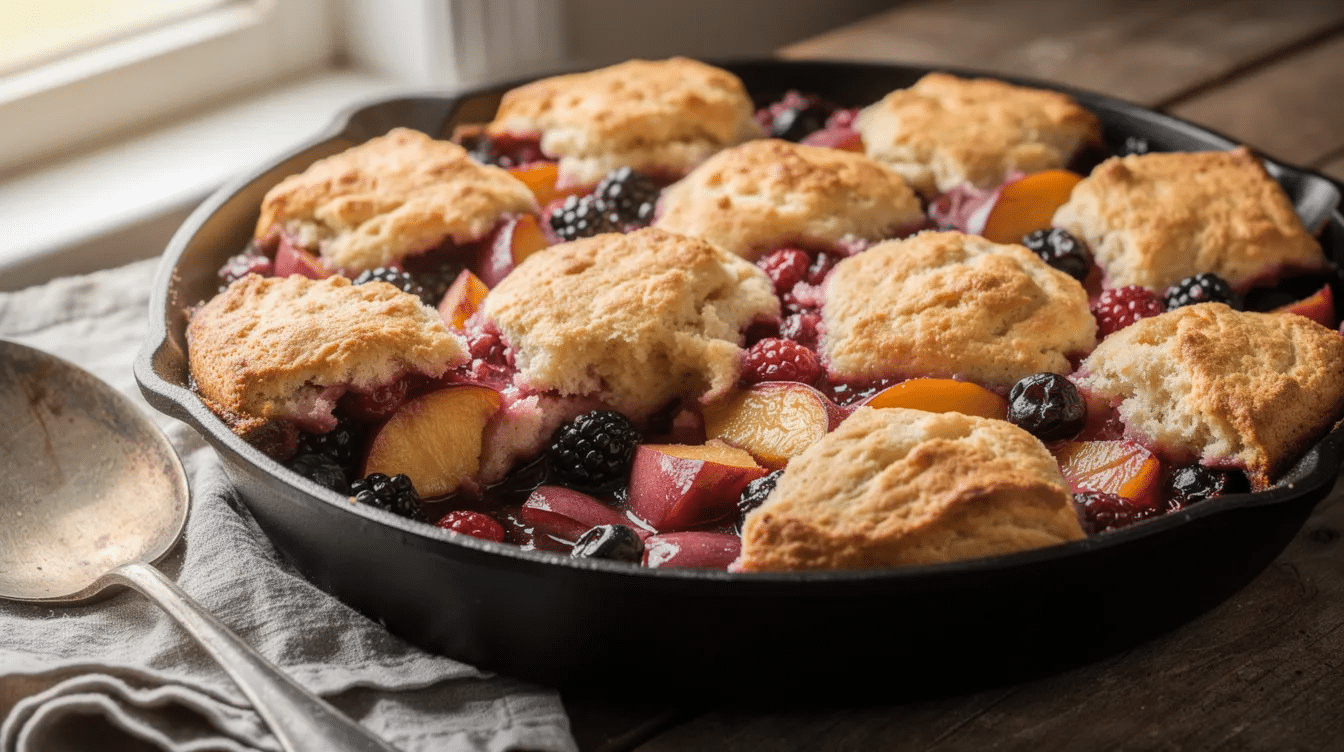 The image features a warm mixed fruit cobbler topped with a golden brown biscuit-like crust, served in a baking dish. A scoop of homemade vanilla ice cream and a dollop of fresh whipped cream sit on the side, complementing the delicious berry mixture made from fresh and frozen berries.