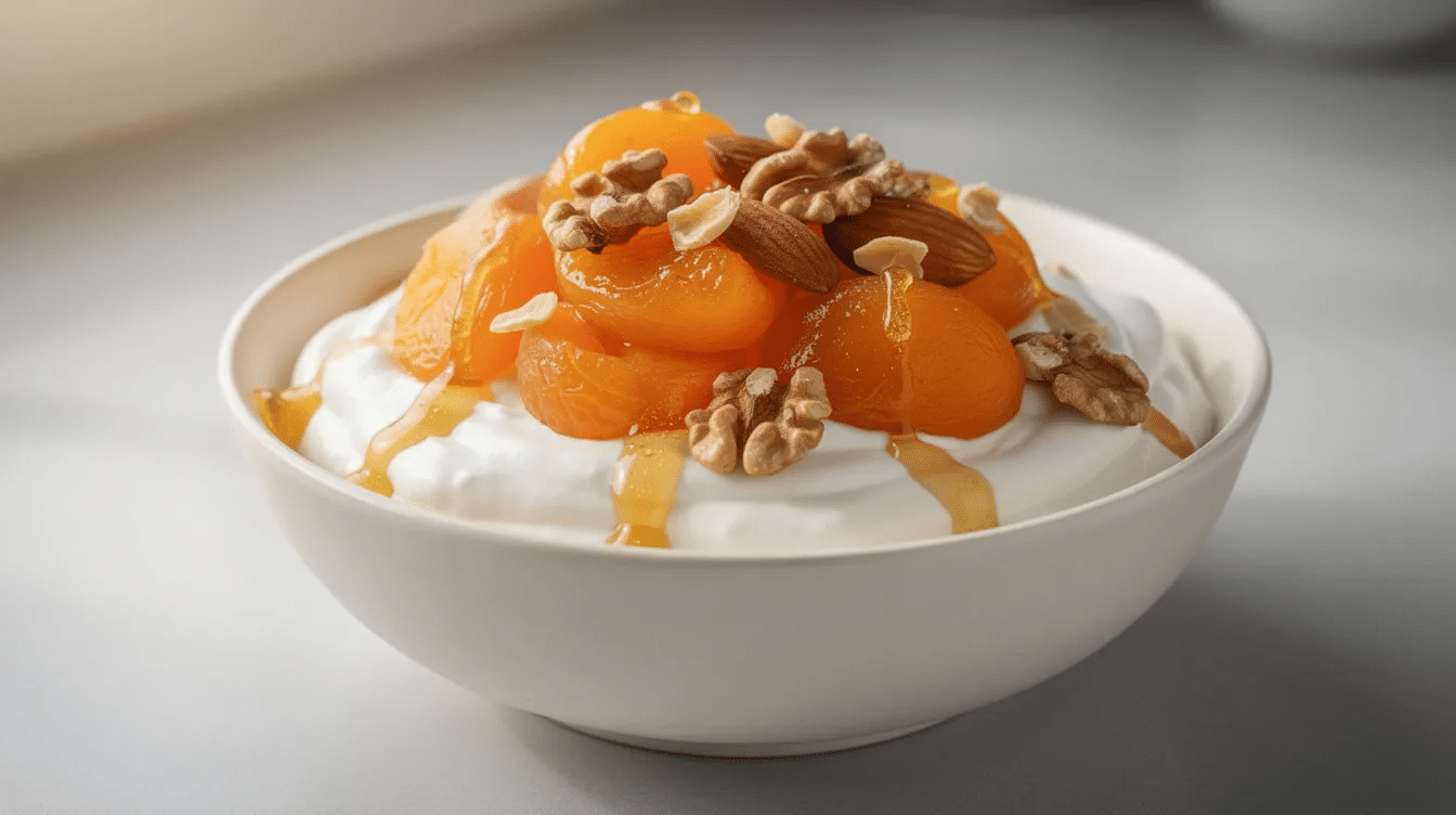 A creamy white yogurt sits in a ceramic bowl, beautifully topped with a golden-hued dried fruit compote made from stewed fruits like dried apricots and golden raisins, along with a sprinkle of toasted nuts for added texture. A cinnamon stick is nestled among the vibrant mixture, enhancing the dish's inviting aroma.