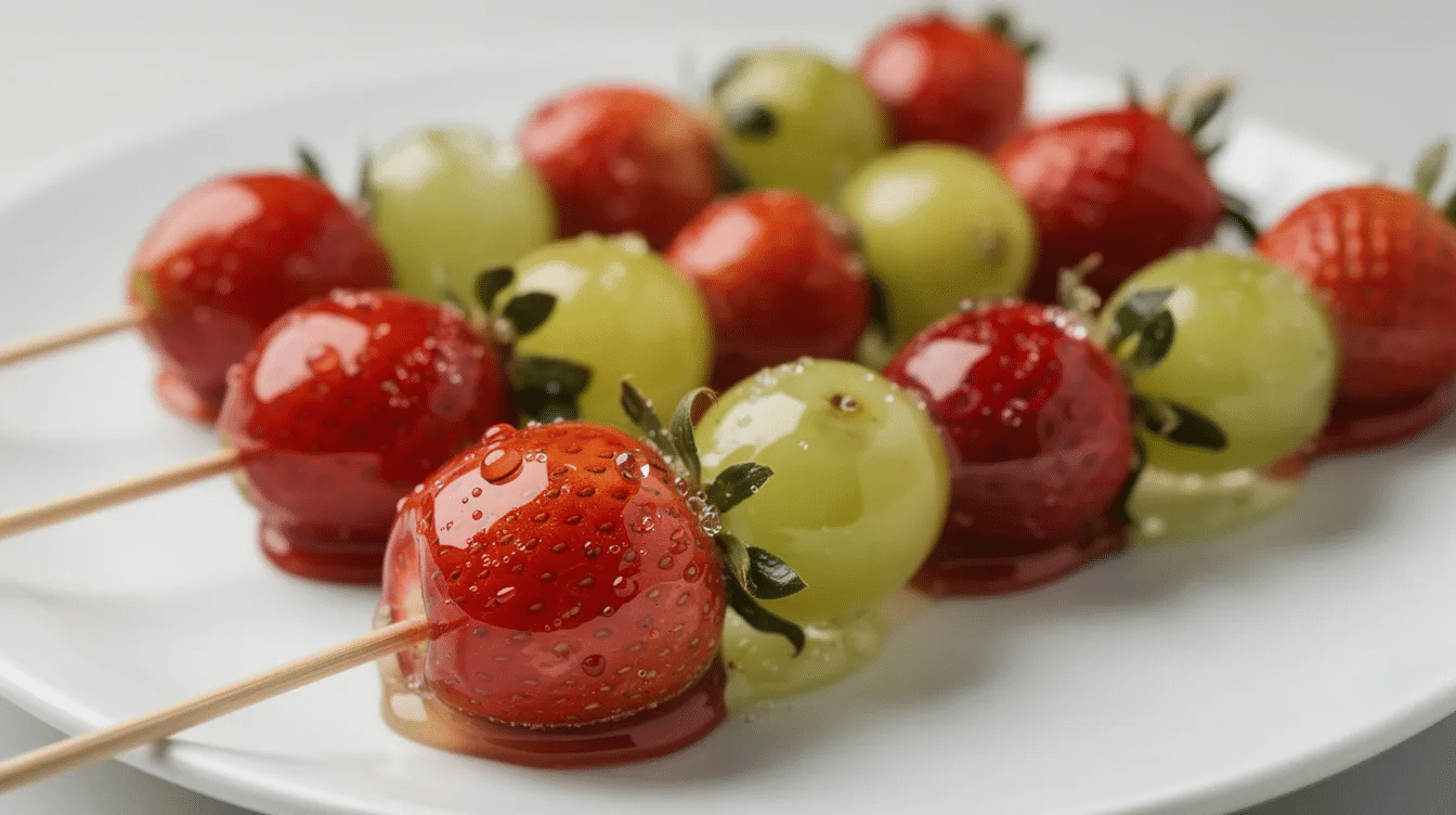 The image features glossy tanghulu skewers adorned with fresh strawberries and grapes, each coated in a glass-like candy glaze that highlights their vibrant colors. This traditional candied fruit treat showcases the sweet and fruity texture, making it an attractive option for snacking.