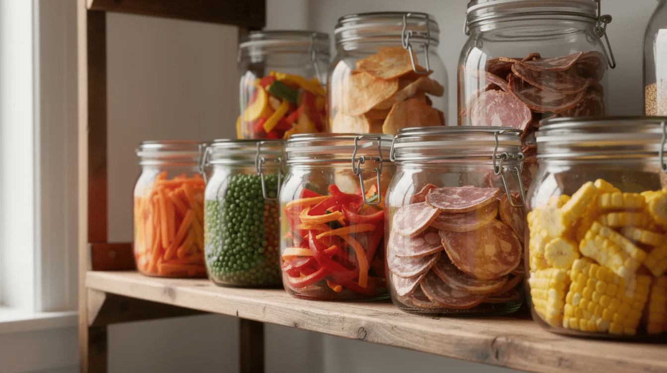 The image features glass jars filled with an assortment of colorful dehydrated vegetables, including bell peppers and green beans, alongside slices of dried meats, all neatly arranged on a wooden shelf. This display highlights nutritious options for managing diabetes and maintaining overall health, making them ideal for healthy snacking or as versatile ingredients in meals.