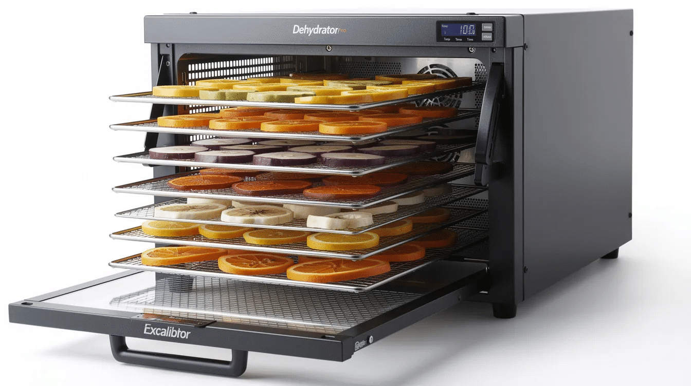 September 14, 2026 | The image features a cabinet-style food dehydrator with a sleek design, showcasing multiple front-loading stainless steel trays that maximize space for drying various foods. This model, similar to the Excalibur dehydrator, allows for efficient food preservation with adjustable temperature settings and easy access to monitor the drying process.