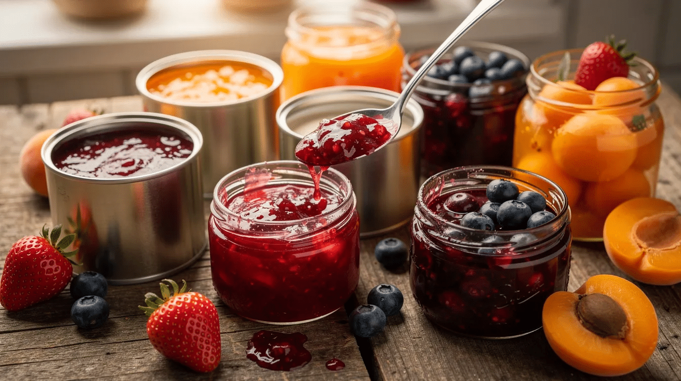 The image showcases a collection of filled canning jars, each containing vibrant homemade jams and jellies made from various fruits, highlighting the process of home canning. The jars are neatly arranged on a table, emphasizing the joy and fun of making jams with unique flavors while adhering to traditional recipes for food preservation.