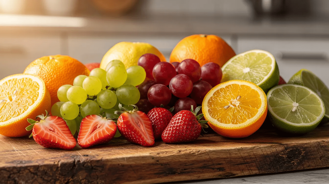 An assortment of fresh fruits, including vibrant strawberries, juicy grapes, and zesty citrus, are beautifully arranged on a wooden cutting board, showcasing their natural colors and textures. This delightful display of fruit is perfect for snacking or can inspire a recipe for traditional candied fruit.