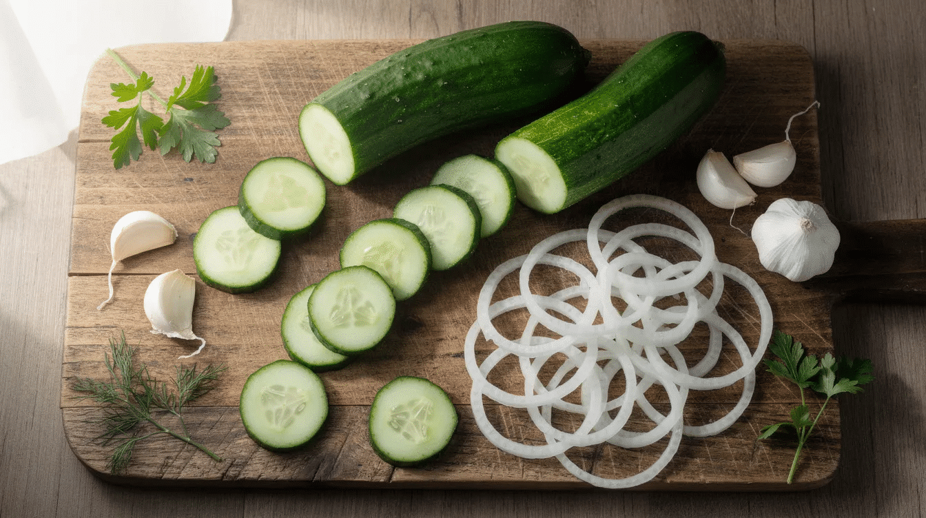 Fresh cucumbers and sliced red onions are beautifully arranged on a wooden cutting board, accompanied by garlic cloves and vibrant fresh herbs, ready for canning pickled cucumbers and onions. The scene suggests a preparation for homemade pickles, highlighting the colorful summer produce and essential ingredients for a delicious pickling brine.