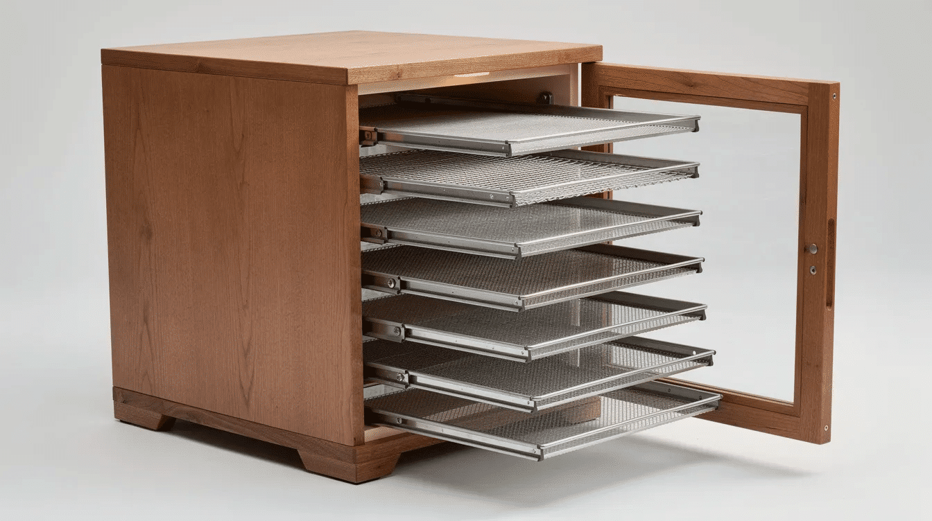 The image features a wooden cabinet-style food dehydrator with multiple sliding trays visible through an open door, showcasing its design for dehydrating food. This DIY dehydrator utilizes heated air and airflow to effectively dry fruits, vegetables, and meats, making it a great idea for preserving food.
