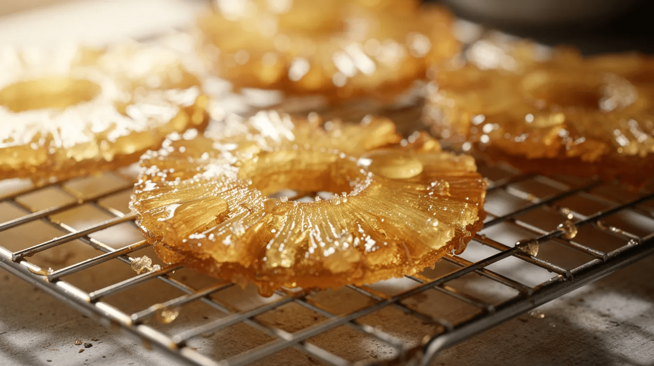 Golden translucent candied pineapple rings are cooling on a wire rack, showcasing their attractive color and sugary glaze. These delicious treats are a delightful example of traditional candied fruit, perfect for snacking or adding to recipes.