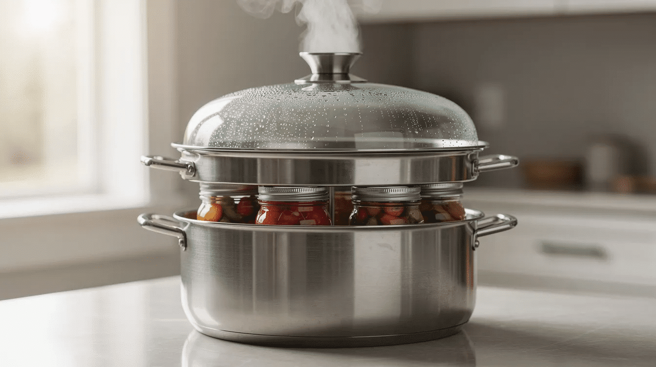 The image shows a steam canner with its dome lid, releasing steam from a vent at the top, while several filled canning jars are visible inside, indicating a method of home food preservation. This steam canning setup is an alternative to water bath canning, ideal for processing high acid foods.