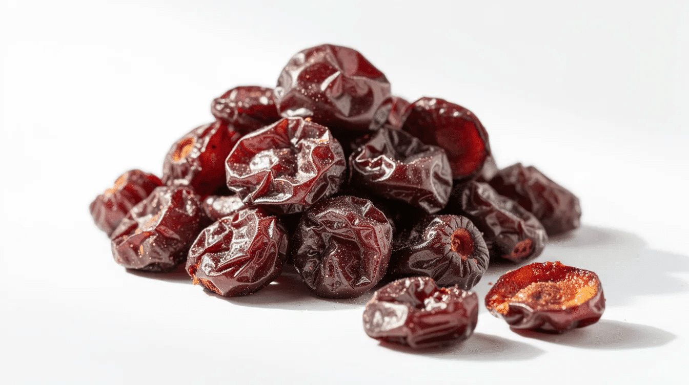 The image features a vibrant display of Graceland fruit dried cherries, showcasing their rich red color and plump texture. These gluten-free super fruits are nestled among other dried fruits, emphasizing their natural flavor and nutritional value, perfect for healthy snacking.