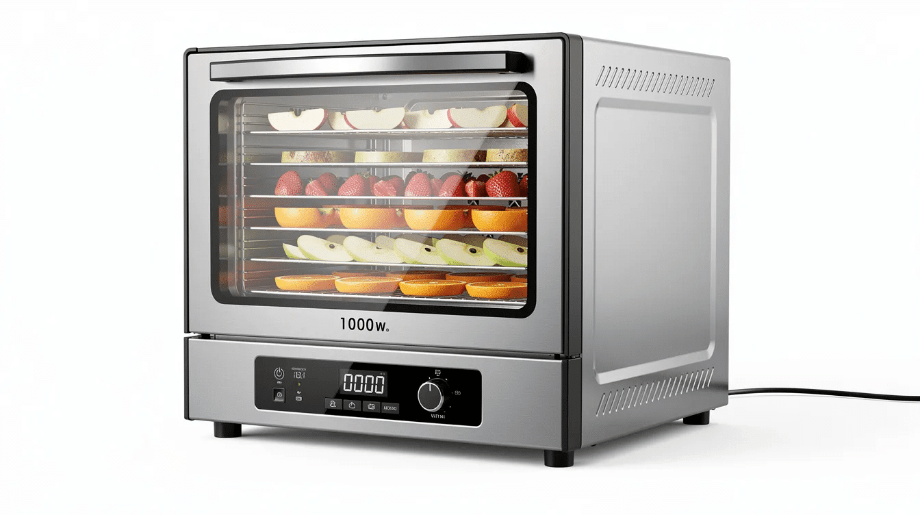 The image features a modern food dehydrator with a sleek stainless steel exterior and a clear glass door, showcasing its ten stainless steel trays. It includes a digital control panel for easy temperature adjustments and a built-in interior light, designed for efficient airflow to evenly dry fruits, vegetables, and jerky.