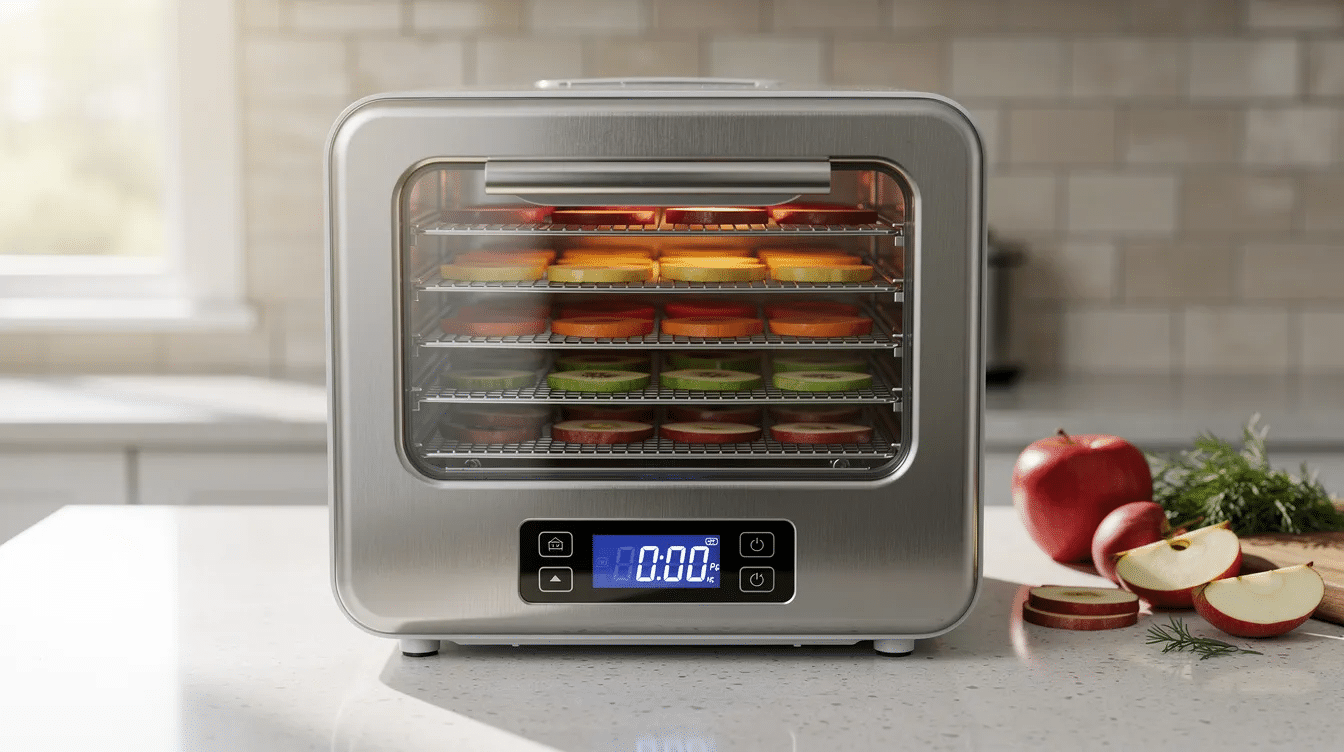 September 14, 2026 | A modern countertop food dehydrator features a sleek stainless steel design with a clear viewing window and a digital control panel, showcasing six stainless steel trays inside. It is designed for preserving food by efficiently drying fruits, vegetables, and herbs, with adjustable temperature settings to optimize the drying process.