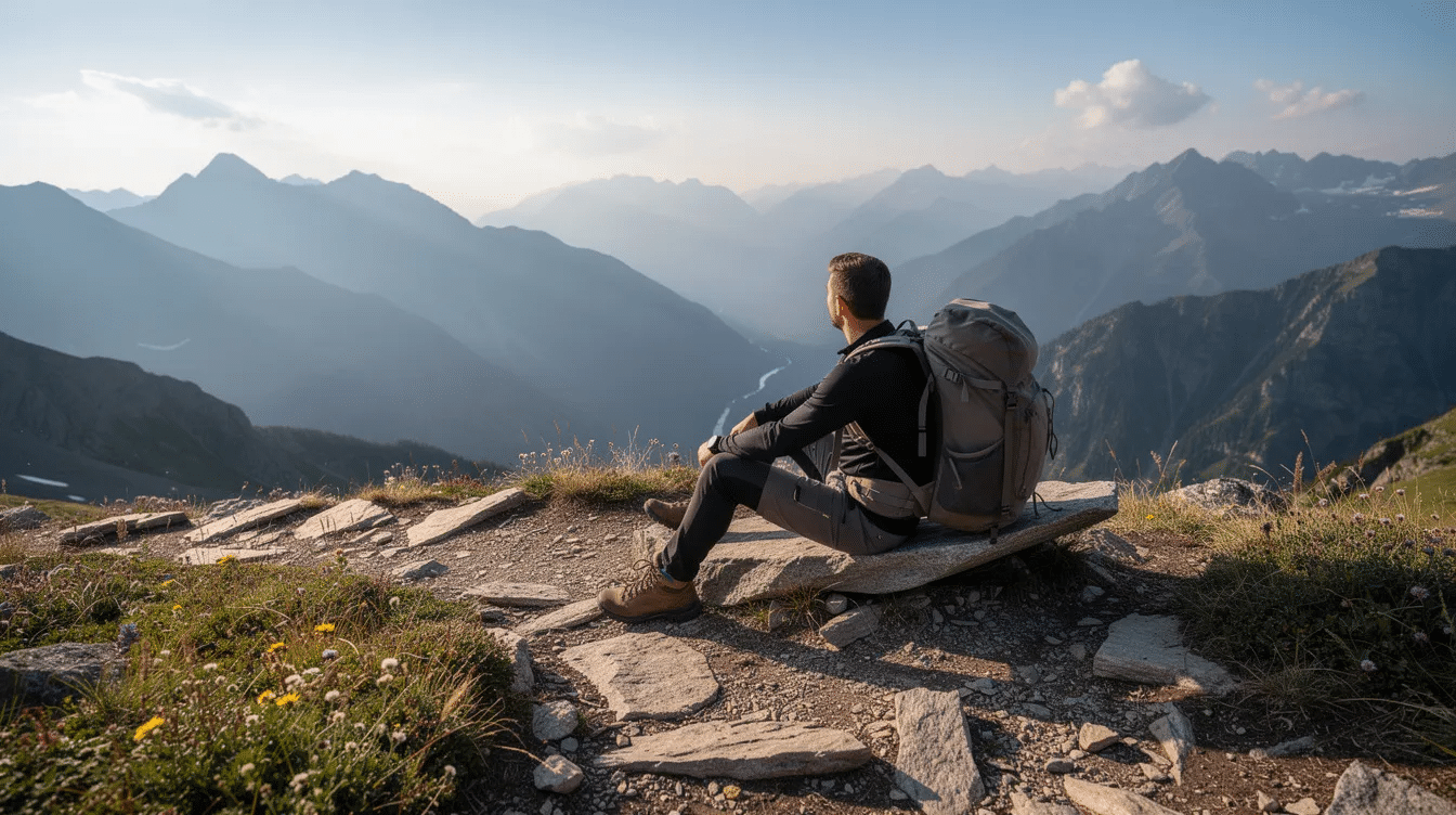 A person is taking a break on a mountain trail, sitting on a rock with a backpack beside them, enjoying the scenic view of the surrounding nature. They might be snacking on keto friendly protein bars, perfect for maintaining energy during their hike.