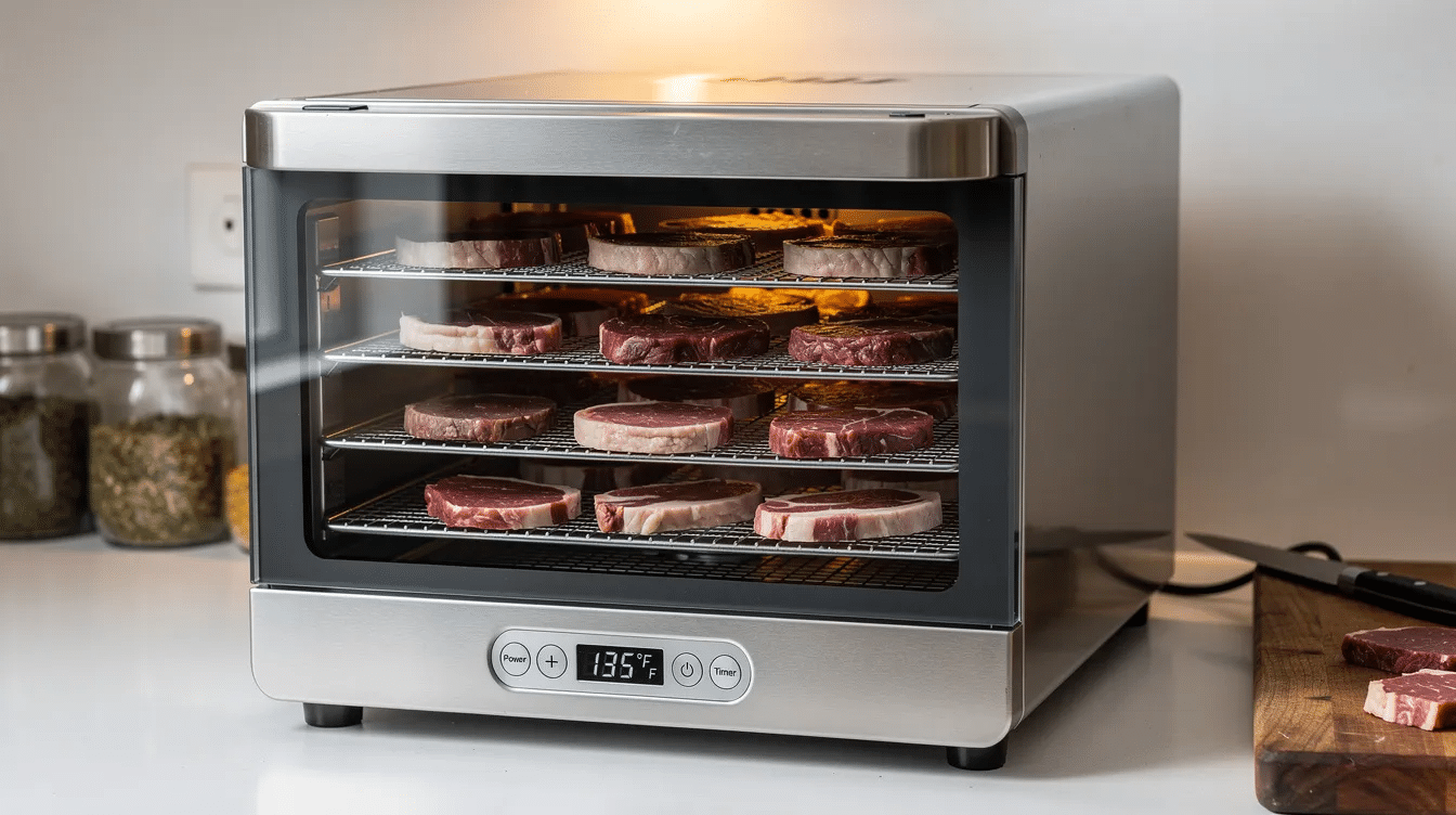 The image features a meat 6 tray dehydrator with six stackable stainless steel trays designed for drying various foods, including meat, fruits, and vegetables. It showcases adjustable temperature settings ranging from 90 to 167 degrees Fahrenheit, ensuring even cooking with 360-degree circulation, and highlights its dishwasher-safe construction for easy cleaning.